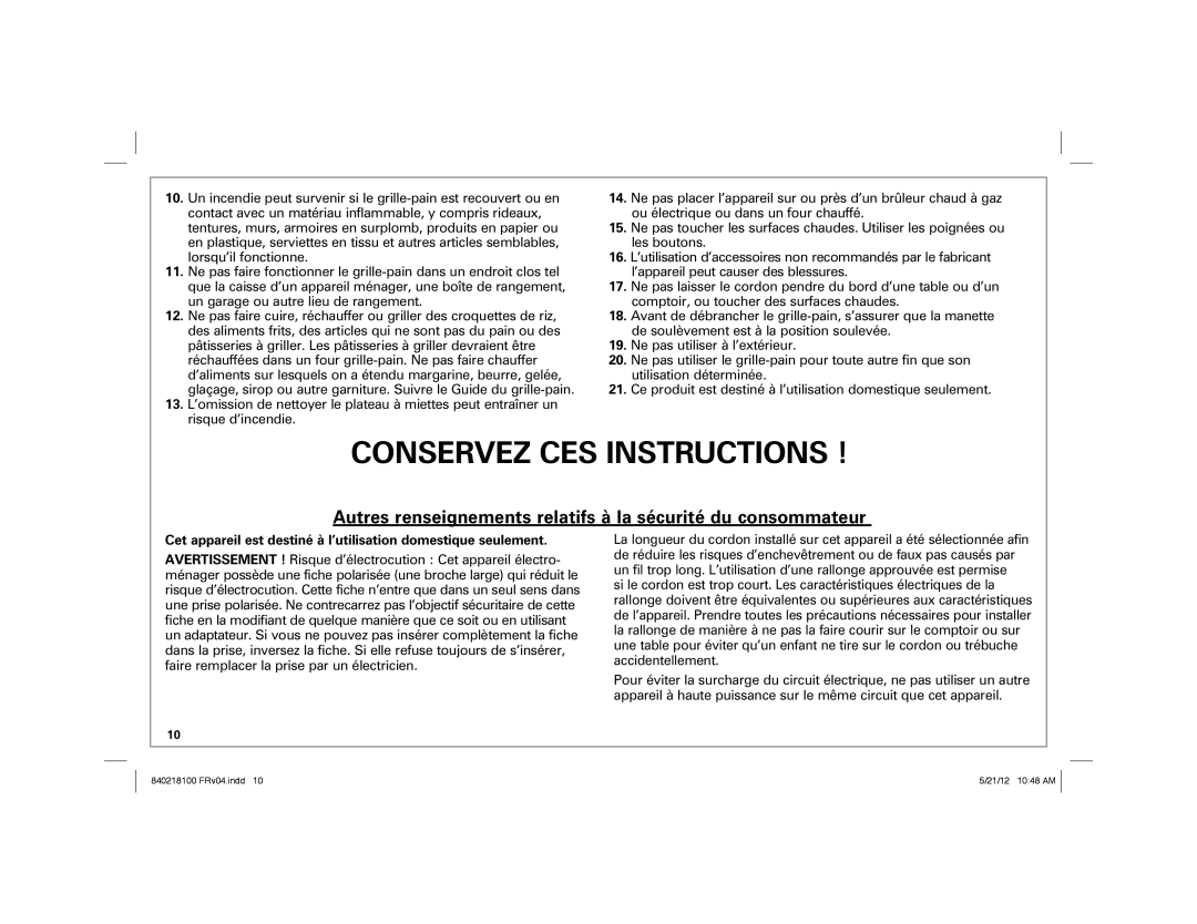 Hamilton Beach 22791 manual Conservez CES Instructions 