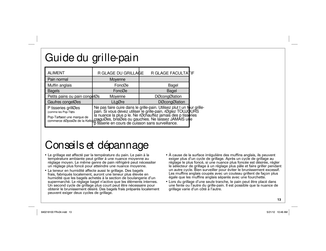 Hamilton Beach 22791 manual Guide du grille-pain, Conseils et dépannage, Aliment, Réglage Facultatif 