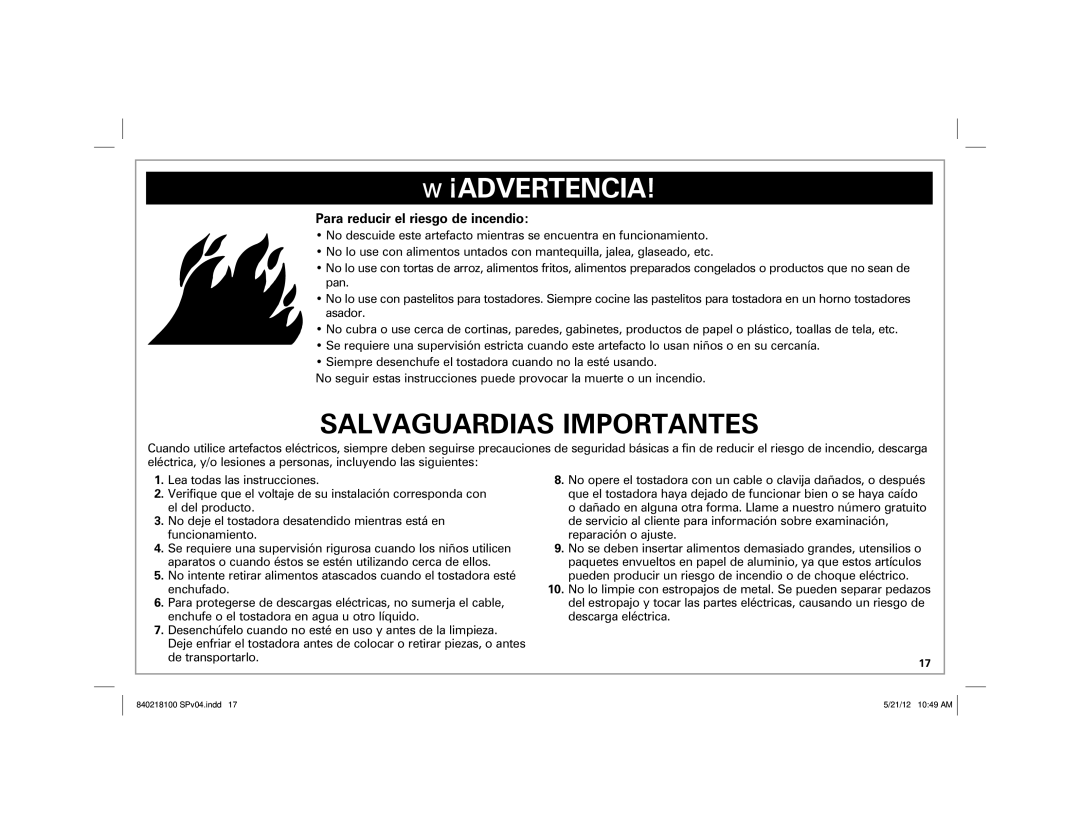 Hamilton Beach 22791 manual Salvaguardias Importantes, Para reducir el riesgo de incendio 