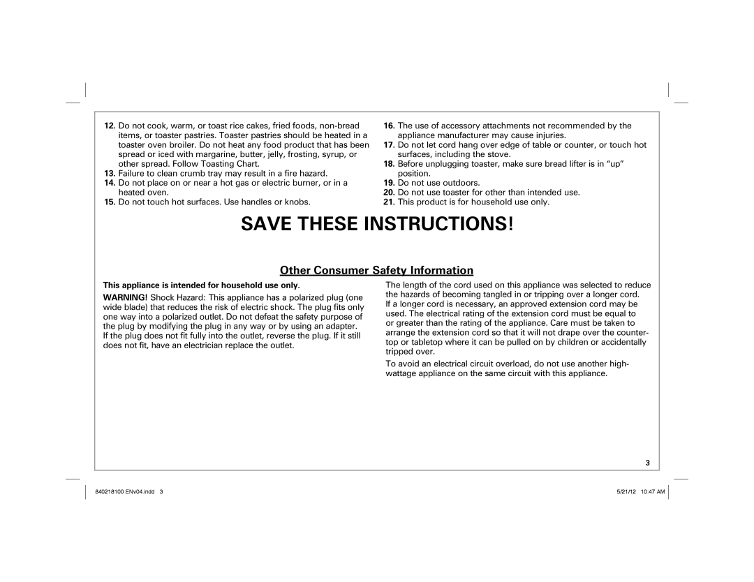 Hamilton Beach 22791 manual Other Consumer Safety Information, This appliance is intended for household use only 