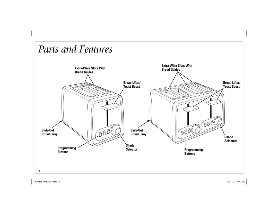 Hamilton Beach 22791 manual Parts and Features, Toast Boost 