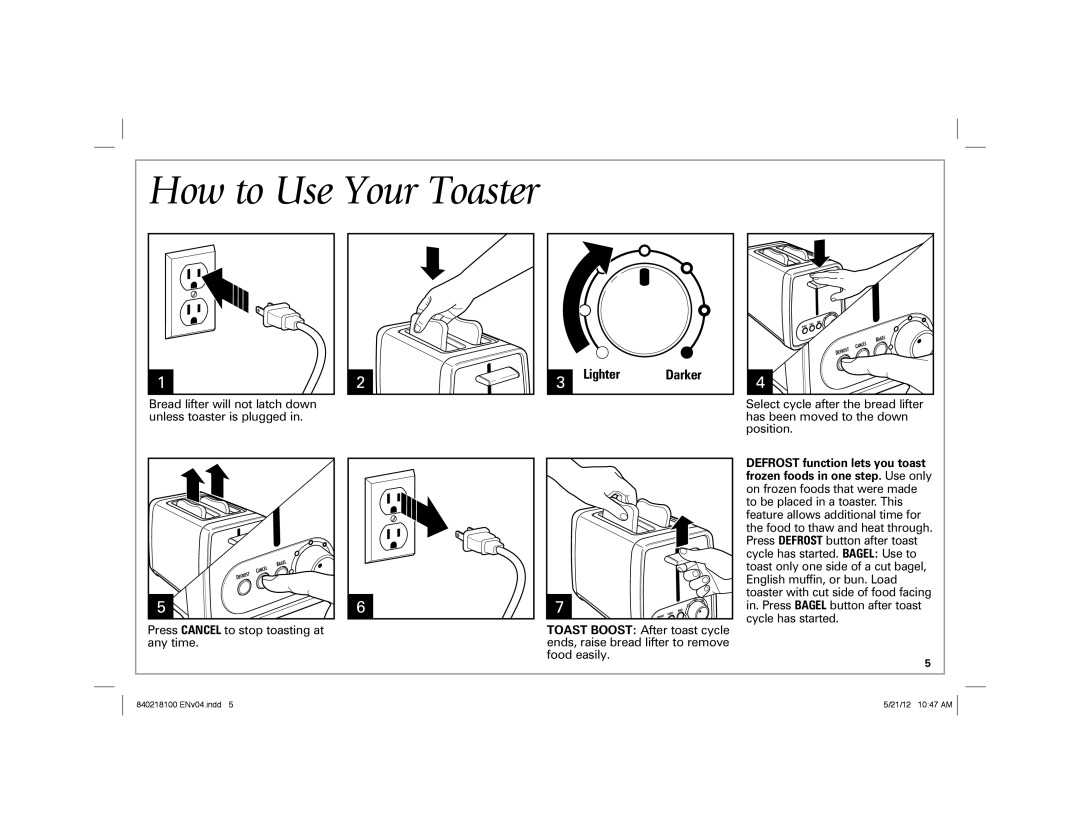 Hamilton Beach 22791 manual How to Use Your Toaster, Lighter Darker 