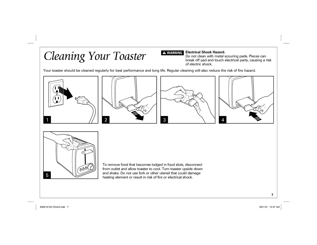 Hamilton Beach 22791 manual Cleaning Your Toaster, Electrical Shock Hazard 