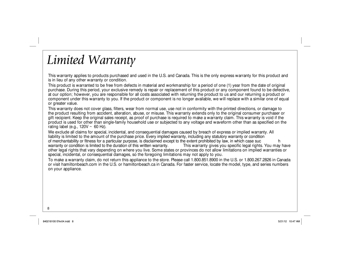 Hamilton Beach 22791 manual Limited Warranty 