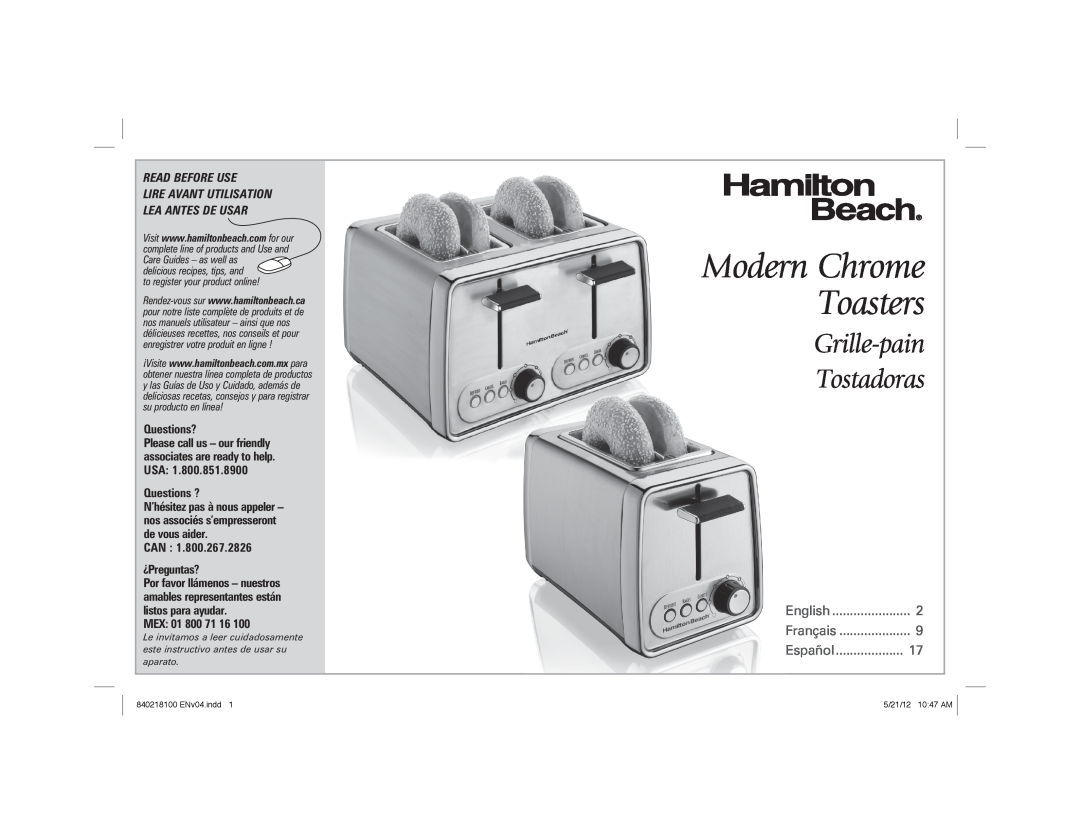 Hamilton Beach 22791 manual Modern Chrome Toasters, Grille-pain Tostadoras, Read Before Use, English, Français, Español 