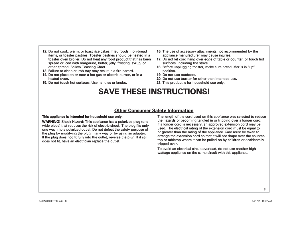 Hamilton Beach 22791 manual Save These Instructions, Other Consumer Safety Information 