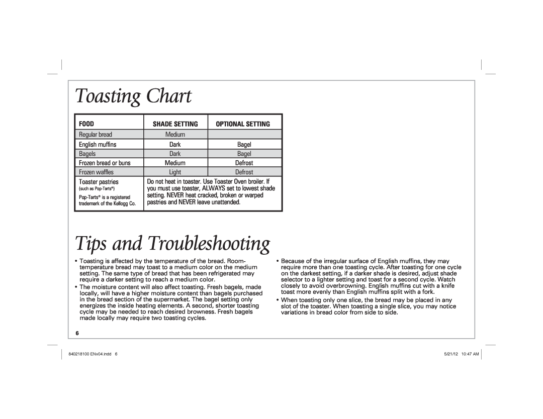 Hamilton Beach 22791 Toasting Chart, Tips and Troubleshooting, Regular bread, English muffins, Bagels, Frozen waffles 