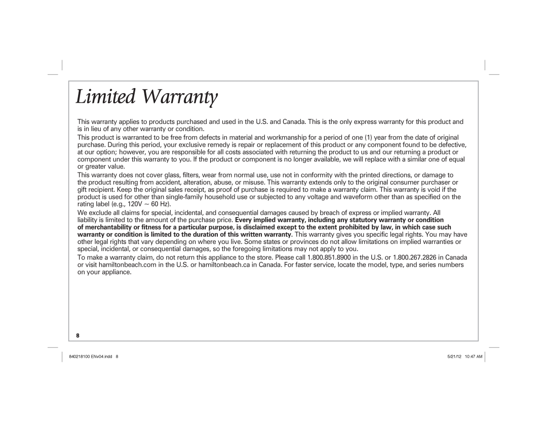 Hamilton Beach 22791 manual Limited Warranty 
