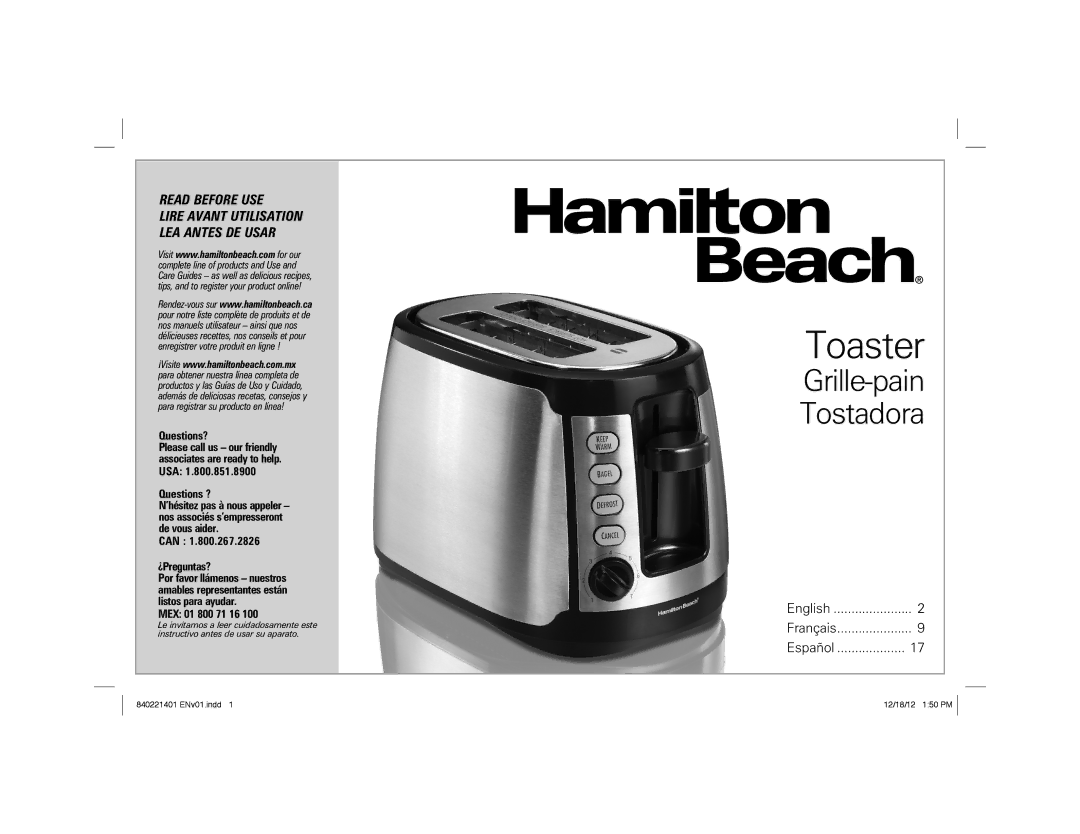 Hamilton Beach 22811 manual Toaster 