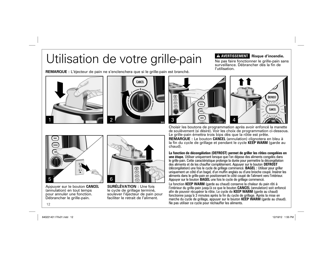 Hamilton Beach 22811 manual Utilisation de votre grille-pain, Avertissement Risque d’incendie 