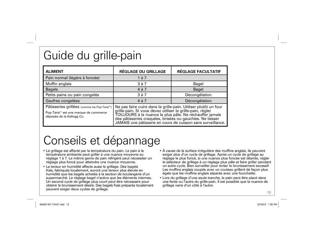 Hamilton Beach 22811 manual Guide du grille-pain, Conseils et dépannage, Aliment Réglage DU Grillage Réglage Facultatif 