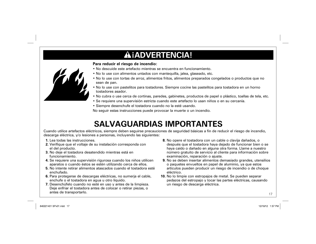 Hamilton Beach 22811 manual Salvaguardias Importantes, Para reducir el riesgo de incendio 