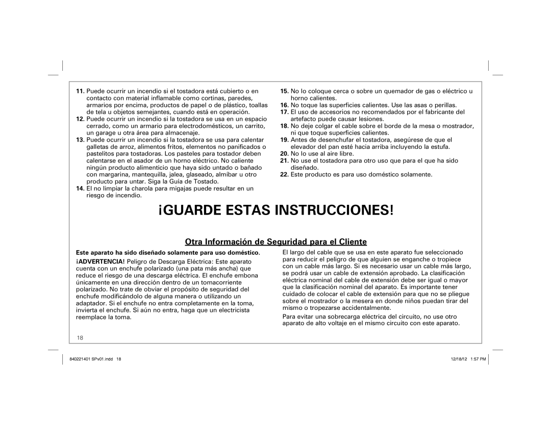 Hamilton Beach 22811 manual ¡GUARDE Estas Instrucciones, Este aparato ha sido diseñado solamente para uso doméstico 