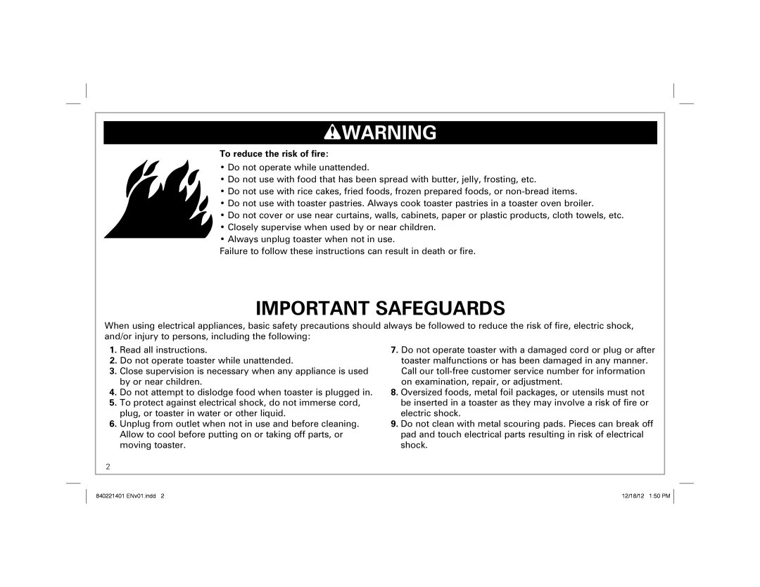 Hamilton Beach 22811 manual Important Safeguards, To reduce the risk of fire 