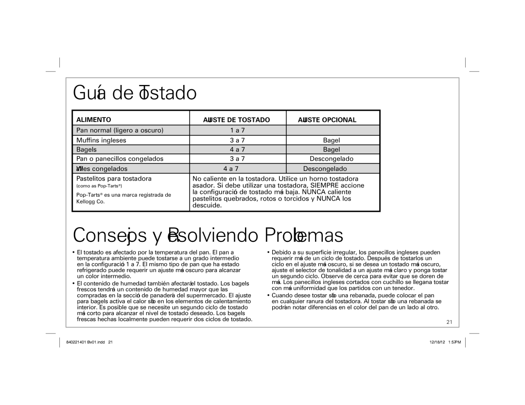 Hamilton Beach 22811 manual Guía de Tostado, Consejos y Resolviendo Problemas, Alimento Ajuste DE Tostado Ajuste Opcional 