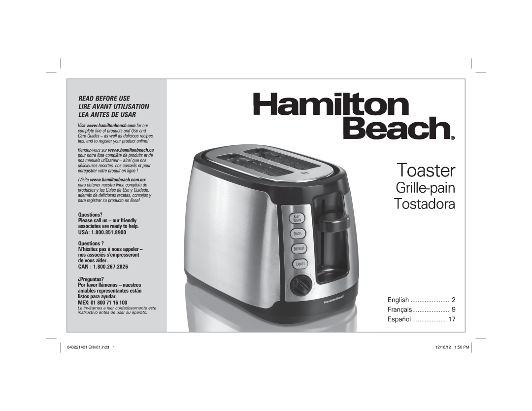 Hamilton Beach 22811 manual Toaster, Grille-pain Tostadora, Read Before Use, Lire Avant Utilisation Lea Antes De Usar 