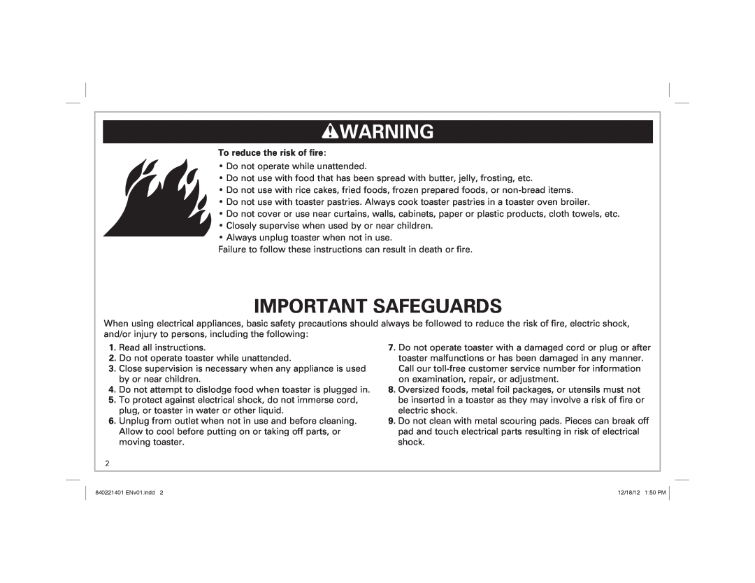Hamilton Beach 22811 manual wWARNING, Important Safeguards, To reduce the risk of fire 