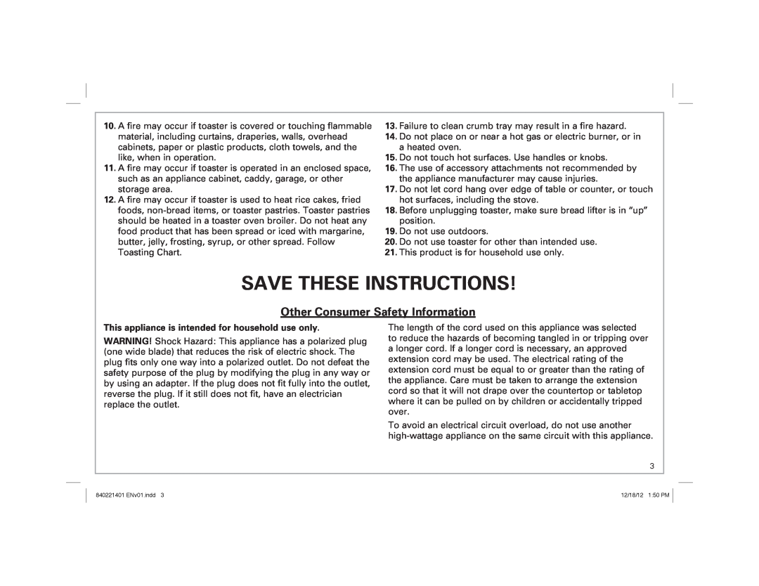 Hamilton Beach 22811 manual Save These Instructions, Other Consumer Safety Information 