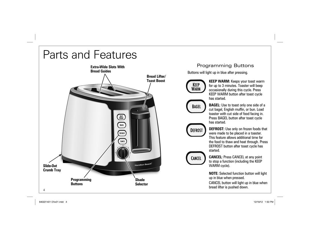 Hamilton Beach 22811 manual Parts and Features, Programming Buttons, Crumb Tray, Shade 
