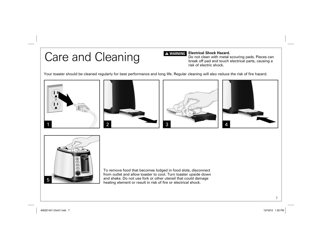 Hamilton Beach 22811 manual Care and Cleaning, w WARNING Electrical Shock Hazard 