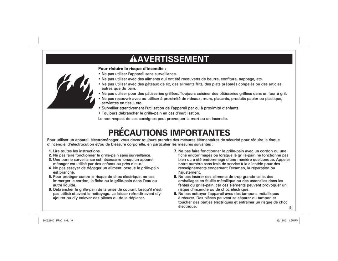 Hamilton Beach 22811 manual wAVERTISSEMENT, Précautions Importantes, Pour réduire le risque d’incendie 