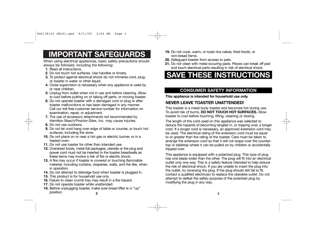 Hamilton Beach 22903, 22900 manual Important Safeguards 