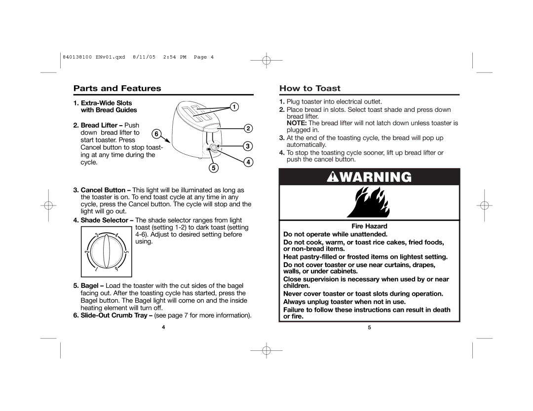 Hamilton Beach 22900, 22903 manual Parts and Features, How to Toast 