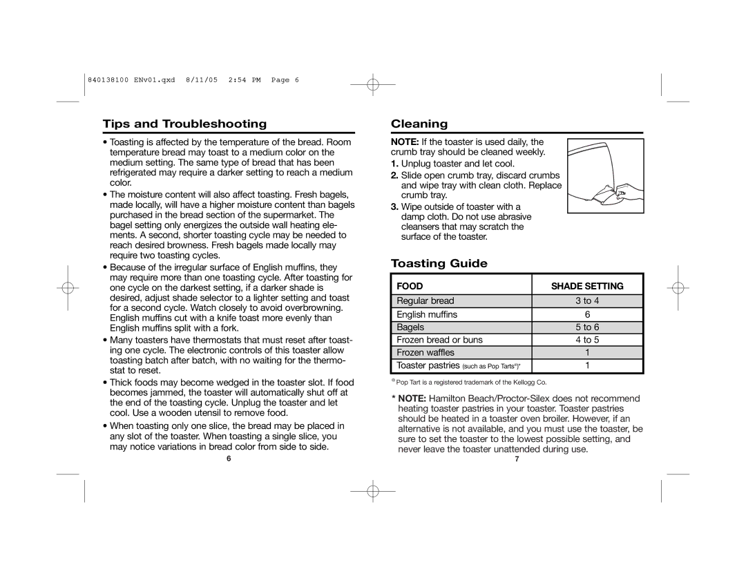 Hamilton Beach 22903, 22900 manual Tips and Troubleshooting, Cleaning, Toasting Guide 