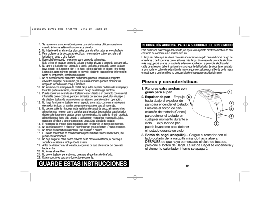 Hamilton Beach 22988 manual Piezas y características, Información Adicional Para LA Seguridad DEL Consumidor 