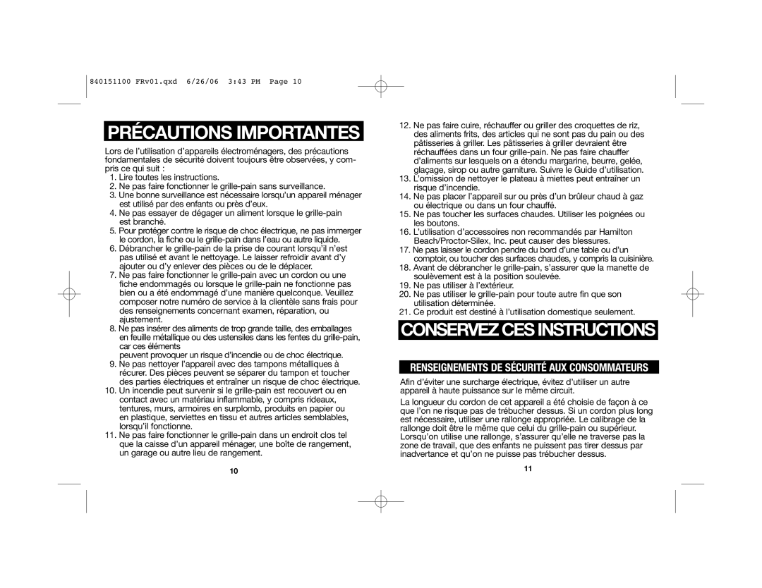 Hamilton Beach 22988 manual Précautions Importantes 