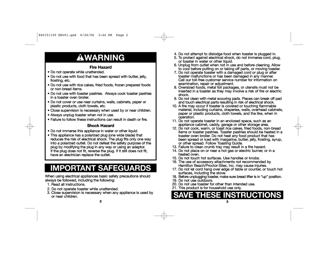 Hamilton Beach 22988 manual wWARNING, Important Safeguards, Save These Instructions, Fire Hazard, Shock Hazard 