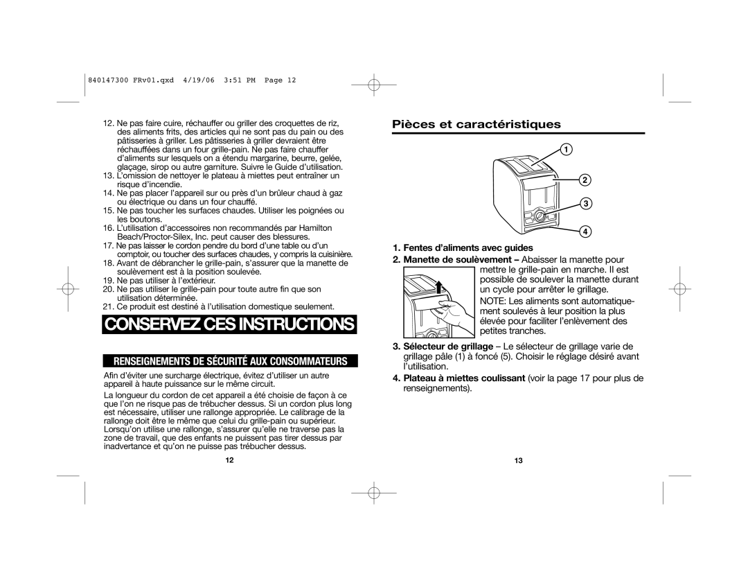 Hamilton Beach 22655C, 24121 manual Conservez CES Instructions, Pièces et caractéristiques 