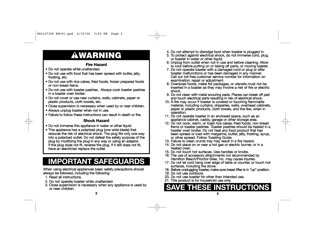Hamilton Beach 24121, 22655C manual wWARNING, Important Safeguards, Save These Instructions 