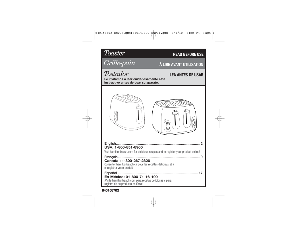 Hamilton Beach 24502 manual Read Before Use, Toaster Grille-pain, Tostador, Canada, En México, Français, Español 
