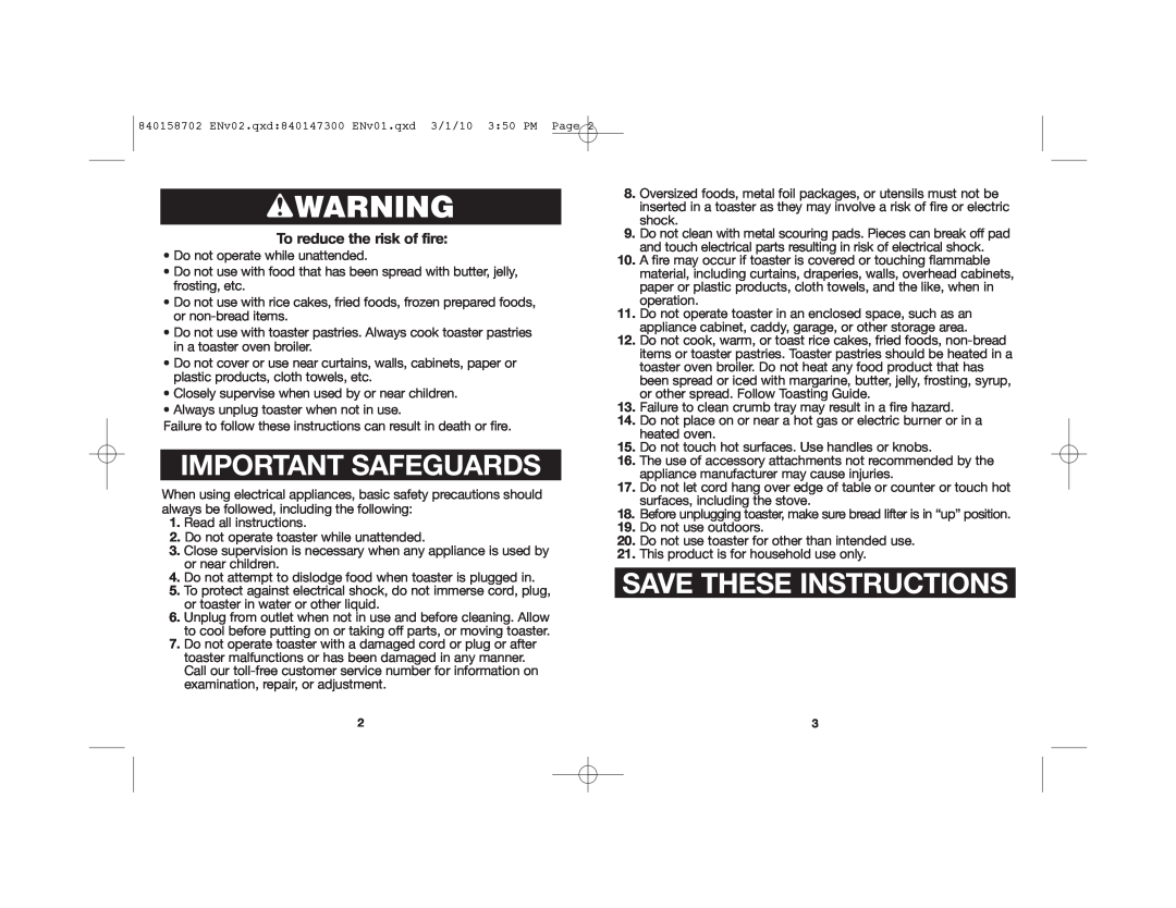 Hamilton Beach 24502 manual wWARNING, Important Safeguards, Save These Instructions, To reduce the risk of fire 