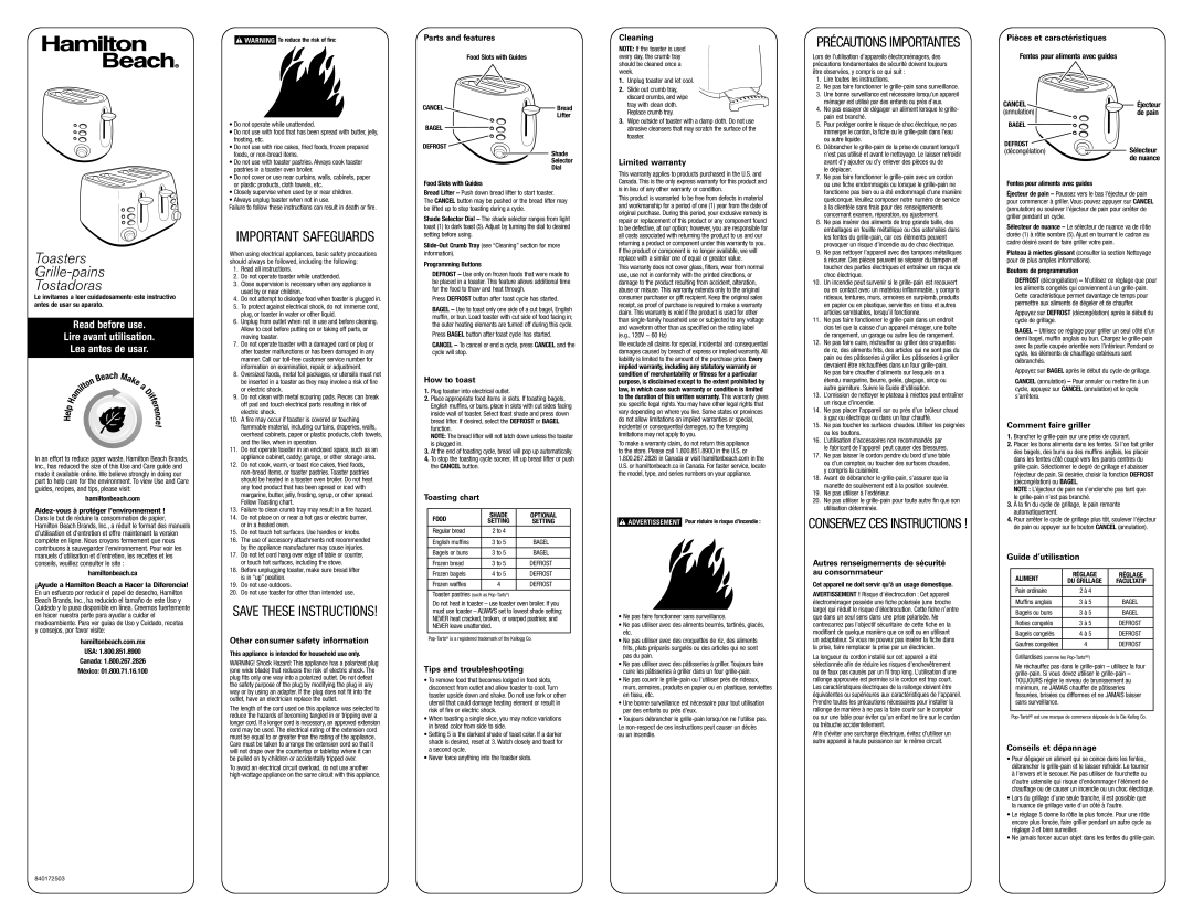 Hamilton Beach 24514 warranty Other consumer safety information, Parts and features, How to toast, Toasting chart 