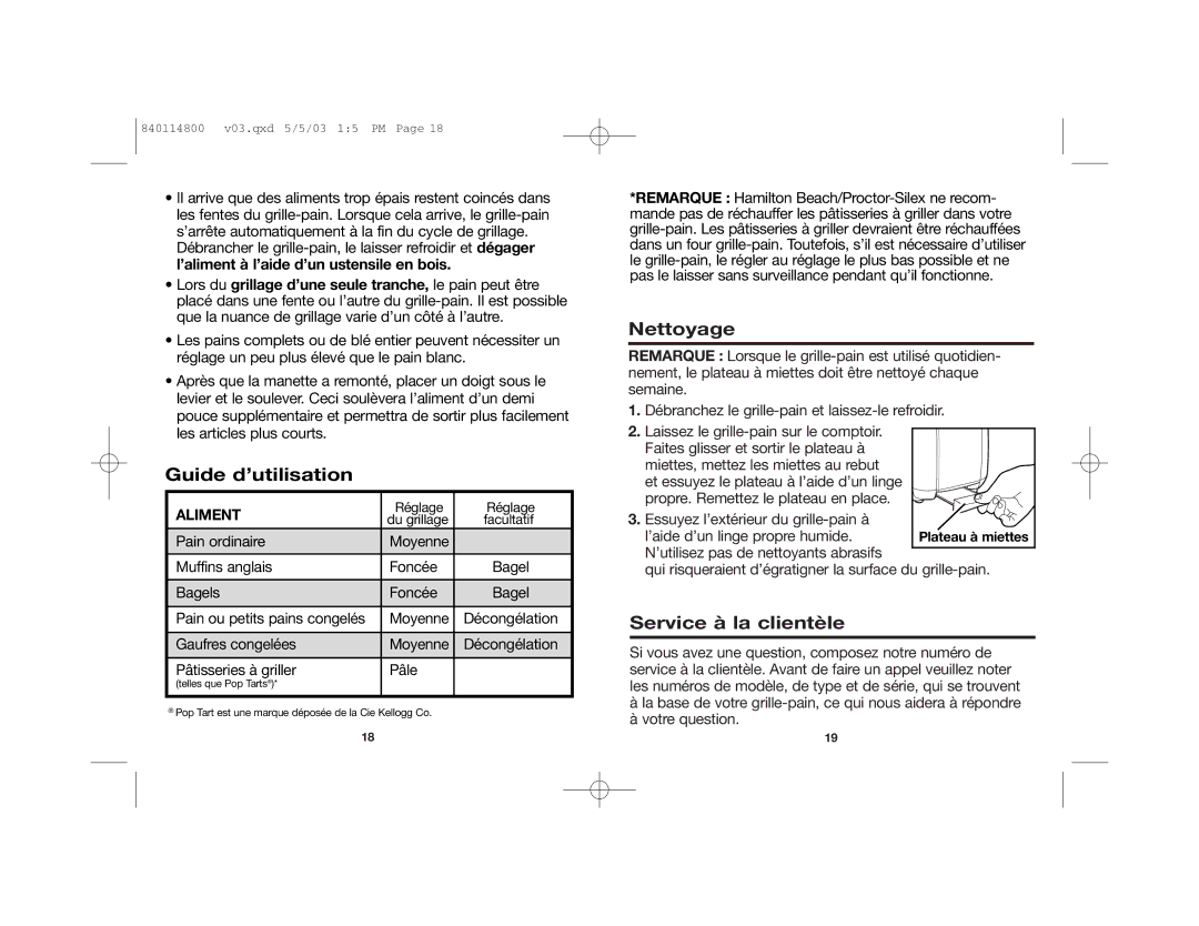 Hamilton Beach 24669 manual Guide d’utilisation, Nettoyage, Service à la clientèle, Aliment 