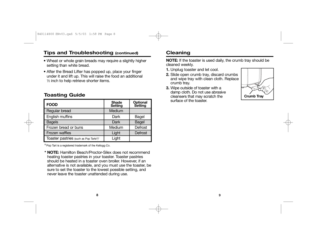 Hamilton Beach 24669 manual Cleaning, Toasting Guide, Food 