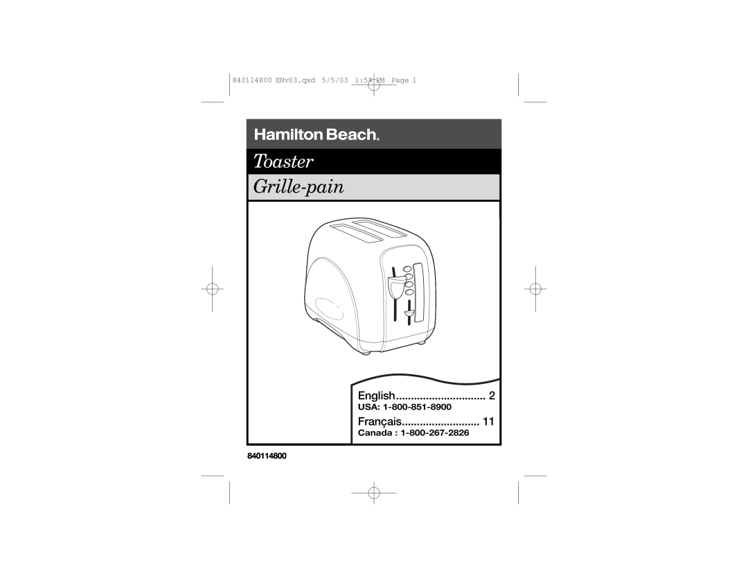 Hamilton Beach 24669 manual Toaster, Grille-pain, English, Français, 840114800 ENv03.qxd 5/5/03 1 58 PM Page 