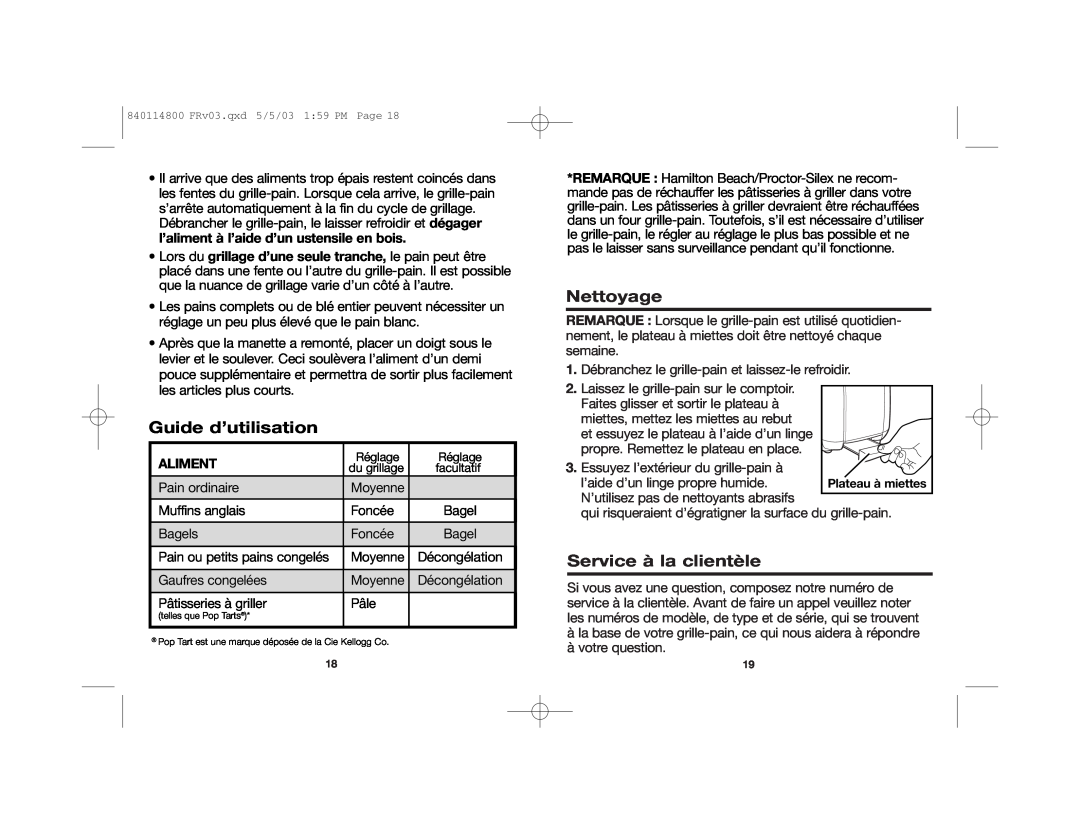 Hamilton Beach 24669 manual Guide d’utilisation, Nettoyage, Service à la clientèle, Aliment 