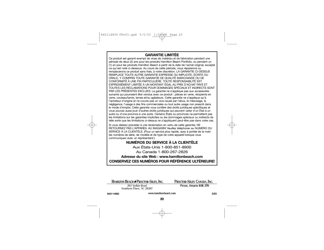 Hamilton Beach 24669 manual Aux États-Unis Au Canada, Garantie Limitée, Numéros Du Service À La Clientèle 
