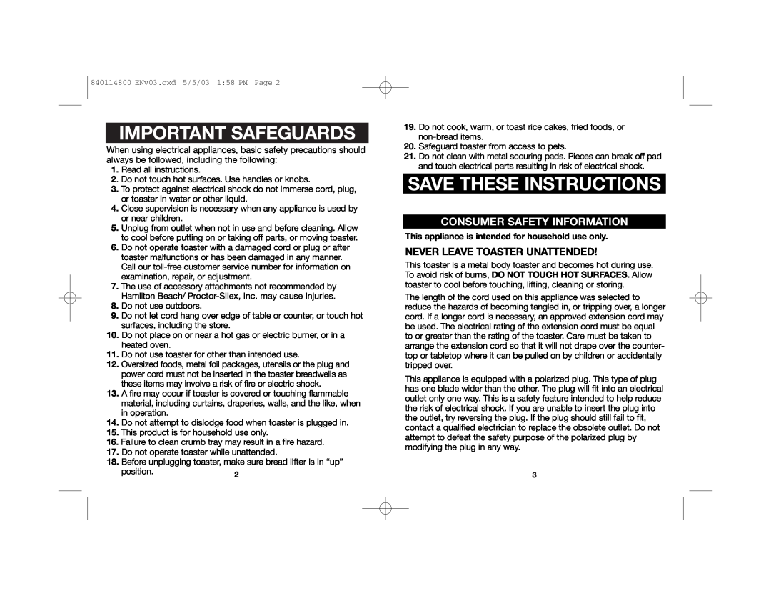 Hamilton Beach 24669 manual Important Safeguards, Save These Instructions, Consumer Safety Information 