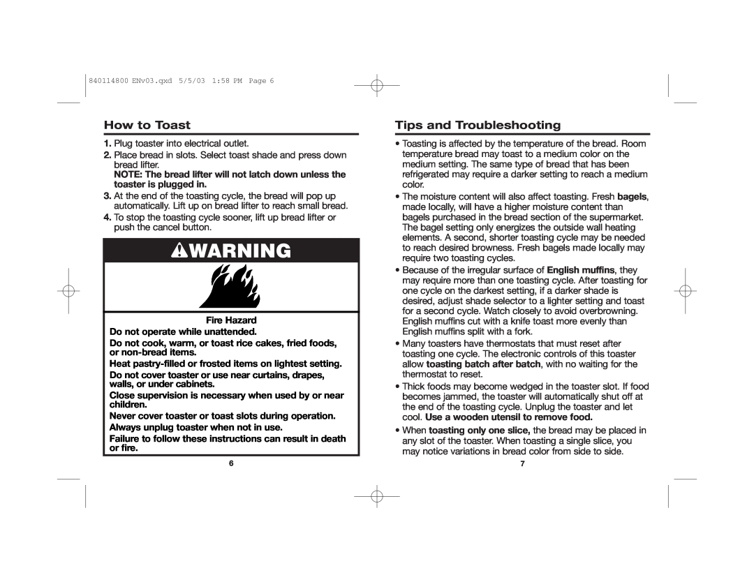 Hamilton Beach 24669 manual wWARNING, How to Toast, Tips and Troubleshooting 