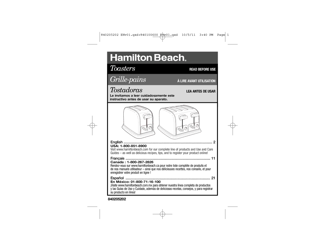 Hamilton Beach 22790, 24790 manual Usa, Canada, En México 840205202 