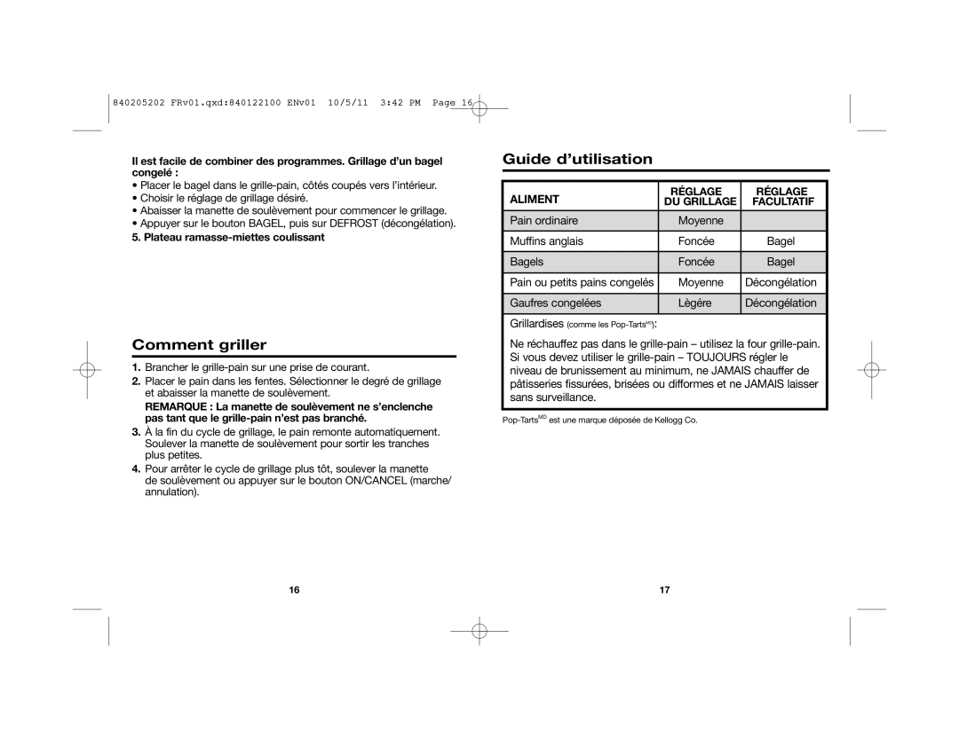 Hamilton Beach 24790, 22790 manual Comment griller, Guide d’utilisation, Plateau ramasse-miettes coulissant 