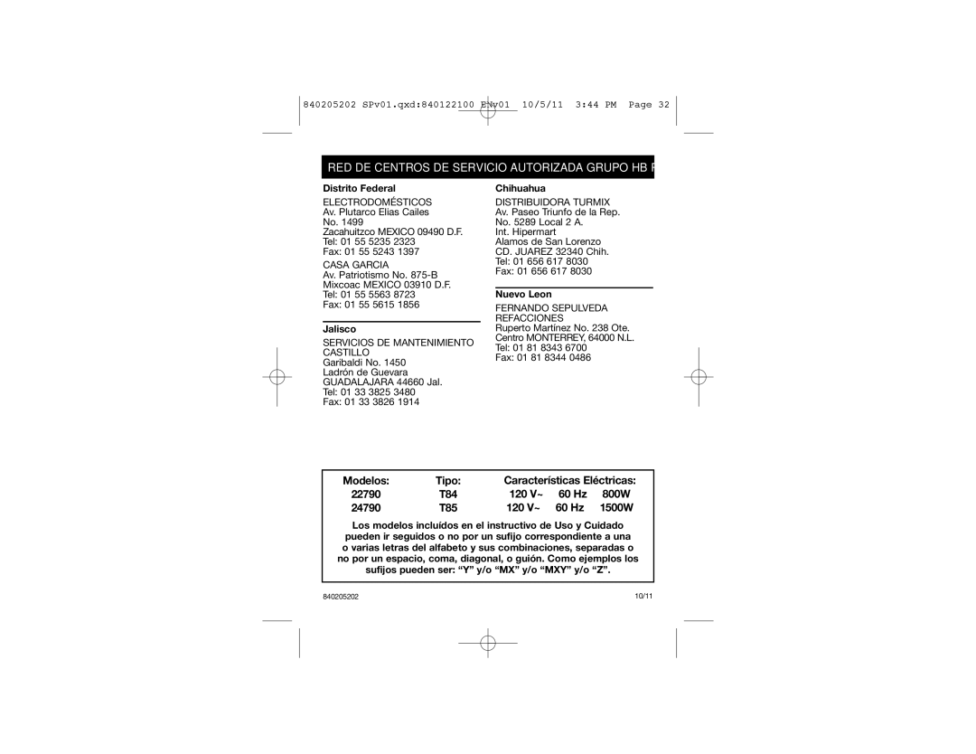 Hamilton Beach 22790, 24790 manual Tipo, 120 V~ 60 Hz 