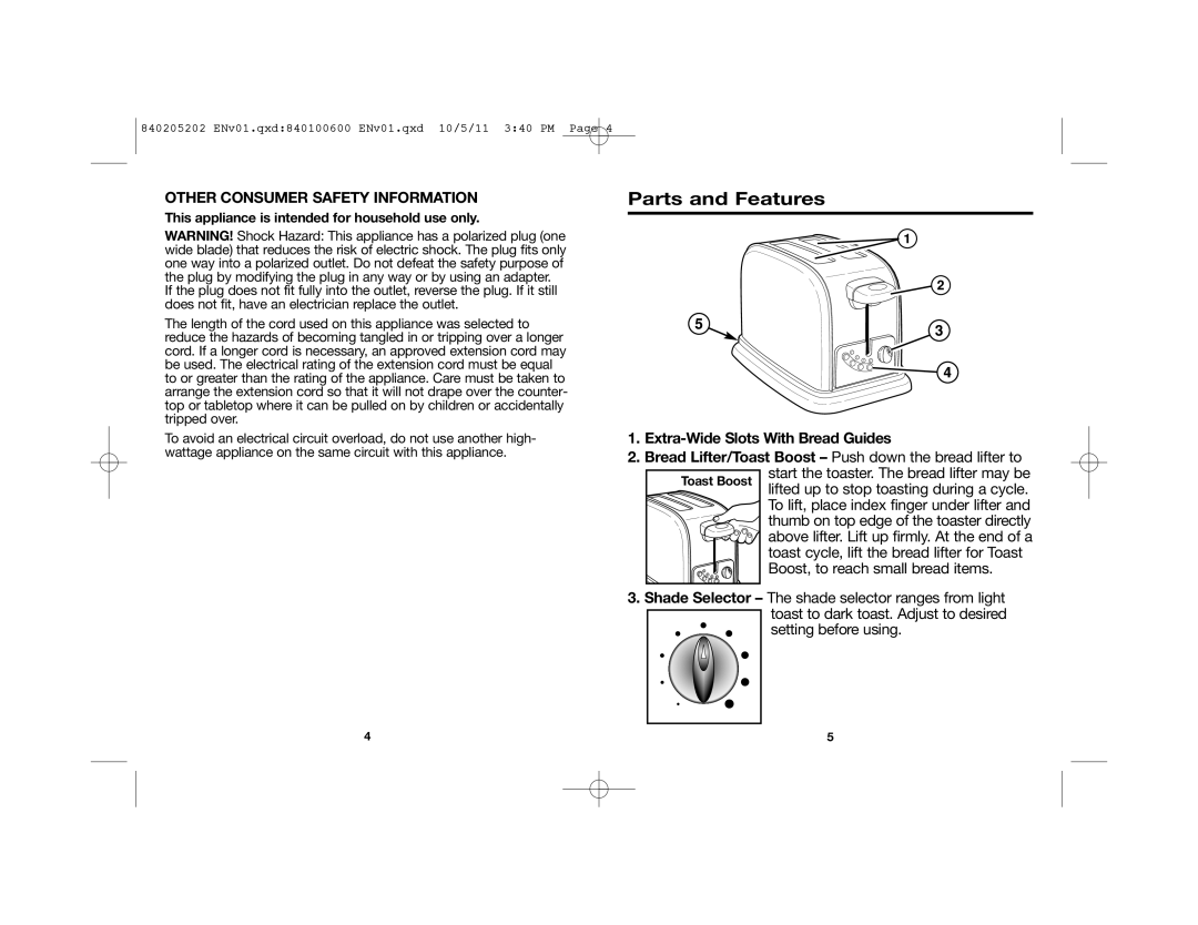 Hamilton Beach 22790, 24790 manual Parts and Features, Other Consumer Safety Information, Extra-Wide Slots With Bread Guides 