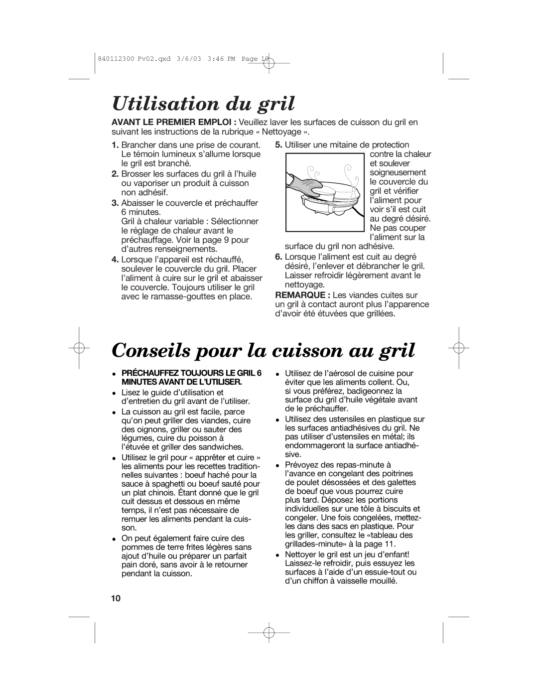 Hamilton Beach 25219 manual Utilisation du gril 