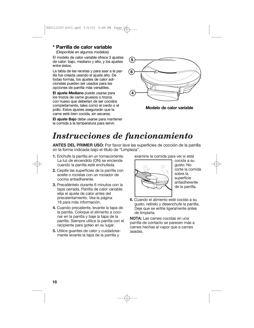 Hamilton Beach 25219 manual Instrucciones de funcionamiento, Parrilla de calor variable 