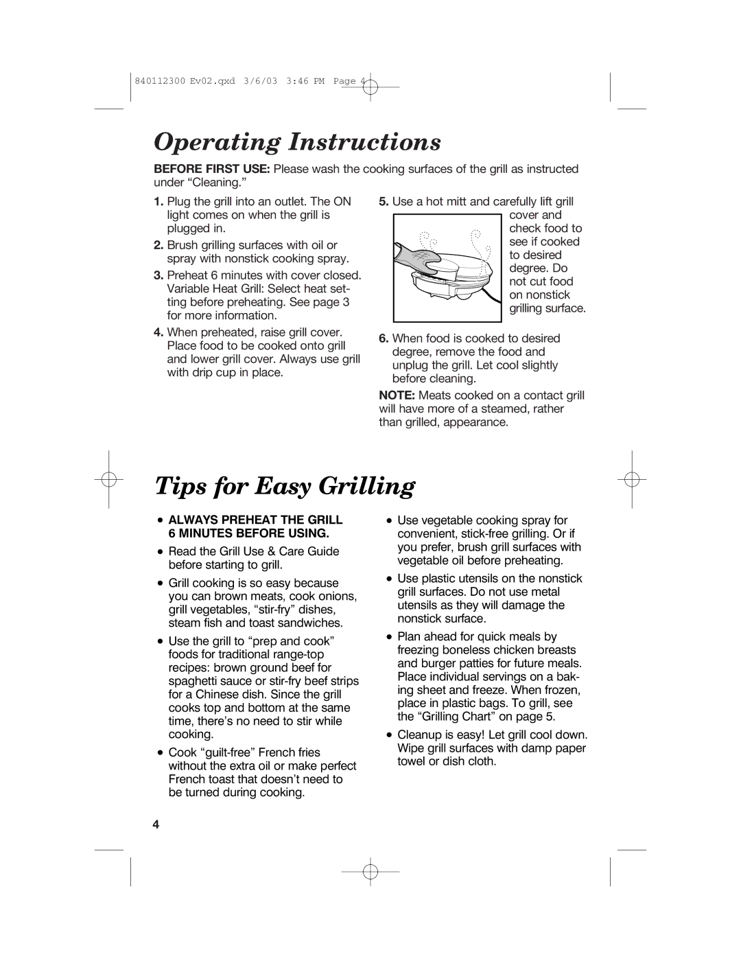 Hamilton Beach 25219 manual Operating Instructions, Tips for Easy Grilling, Always Preheat the Grill 6 Minutes Before Using 